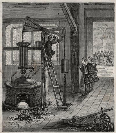 Humphrey Potter, med ansvar for å åpne og lukke ventilene til Thomas Newcomens maskin, fikk den til å fungere uten hjelp ved å plassere tau og butees riktig for å åpne og lukke ventilene av French School