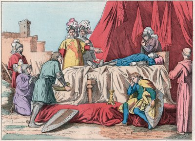 Hundreårskrig: "" Bernard du Guesclins (1320-1380) død foran Chateauneuf de Randon den 13/07/1380"" - Duguesclins død (under beleiringen av Chateauneuf-de-Randon den 13. juli 1380) ) - Gravering av slutten av 1800-tallet i "" Nos Gires av French School