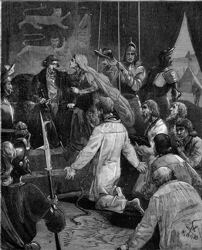 Hundreårs krig. Borgerskapet i Calais: devouering av Eustache av St. Peter og hans følgesvenner til kong Edward III av England ber om deres nåde, støttet av dronning Philippa av Hainaut (1311-1369). av French School