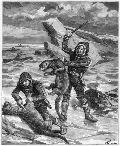 Jeger oter i Alaska - jeger av Alaska oter i 1888 - Gravering i "" Journal des Voyages""" 1888 av French School