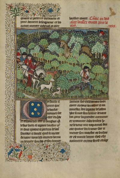 Jegere som jager en hjort, ca. 1430–40 (temperafarger, gullmaling, sølvmaling og bladgull) av French School