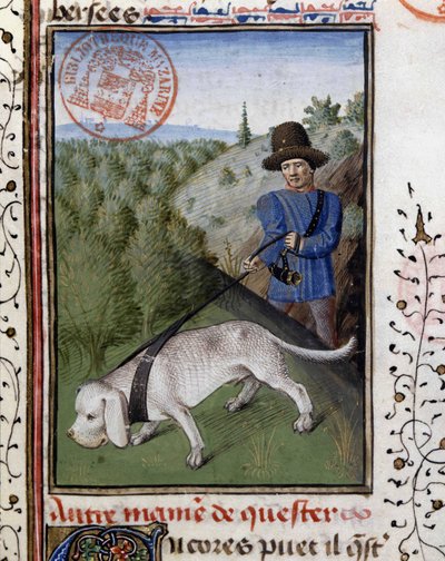 Jakthund holdt i bånd - i "" Book of Hunting av Gaston Phoebus, greve av Foix, Lord of Béarn"" av French School