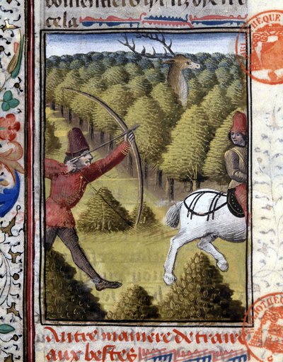 Jaktscene i The Hunting Book of Gaston Phoebus, greve av Foix, Lord of Béarn. 1300-tallet av French School