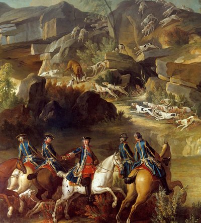 Jaktscene løp. Rytterne er på vei mot doeen som er beslaglagt av hundene. Detalj av et anonymt maleri fra 1700-tallet. Gien, Jaktmuseum av French School