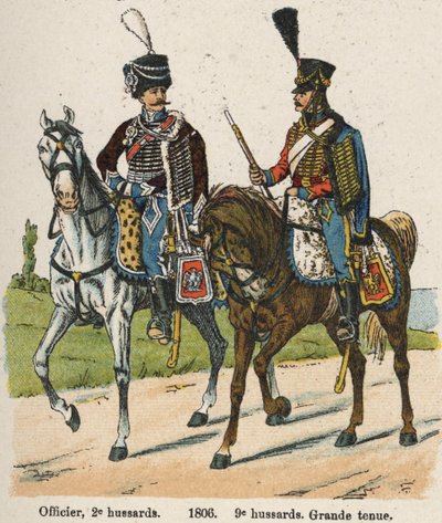 Husarer 1. vendemiar An XII (24. september 1803): Offiser, 2. husarer og 9. husarer i flott drakt i 1806. Plate fra boken Les Uniforms de l