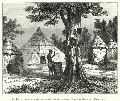 Hytter til de moderne villmennene i Afrika (gravering) av French School