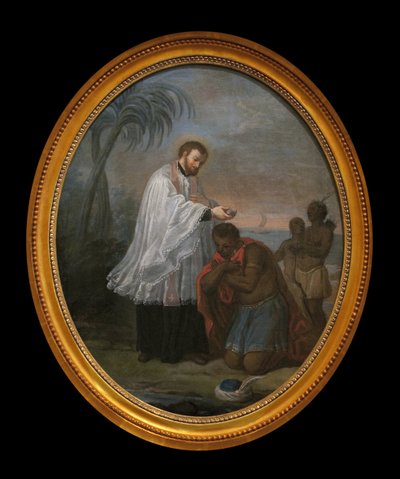 Jeg døper en indianer. Karakteren som mottar dåpen ser ikke ut til å være en indianer, i motsetning til de to karakterene i bakgrunnen. Dette maleriet kan være en allegori om jesuittenes evangeliseringsoppdrag på alle kontinenter. Imidlertid lar det oss fr av French School
