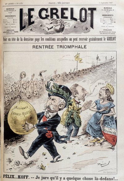 Jeg sverger på at det er noe der inne. Den franske presidenten Felix Faure (1841-1899) bærer ballongen til det russiske lånet. Bak krangler en kvinne som representerer Lorraine med en mann som sier «La oss være i fred»» (uten tvil utenriksminister Gabriel  av French School