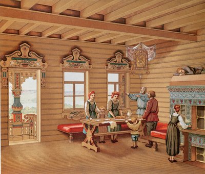 Idealisert interiør av en russisk izba, ca. 1880 (fargegravering) av French School