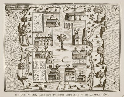 Ile Ste. Croix, den tidligste franske bosetningen i Acadia, 1604, fra Voyages av Samuel de Champlain (ca. 1580-1635), 1613 av French School