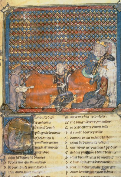 Opplyst side fra en antologi, som viser fra venstre mot høyre, Adenet le Roi, en minstrel for hertug Henry; grev Guy av Flandern; Marie, dronning av Frankrike og kone til Filip den dristige (1342-1404); og Mada av French School