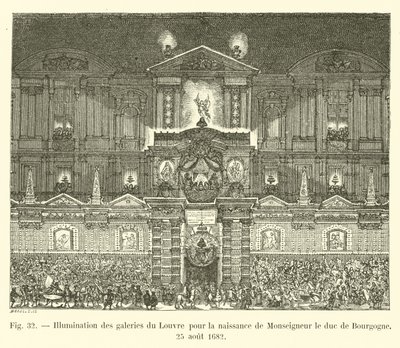 Belysning av galleriene i Louvre for fødselen til Monseigneur, hertugen av Burgund, 25. august 1682 av French School