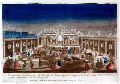 Belysning i feiringen av ekteskapet til Louis Auguste, delfin fra Frankrike (Louis XVI), med erkehertuginne Marie Antoinette, søster til keiseren - gravering av French School
