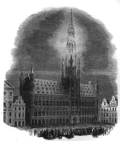 Belysning av rådhuset i Brussel 26. september 1864 i anledning årsdagen for kampene som frigjorde Belgia fra nederlandsk dominans. Fra en skisse av M.D.A. Gravering i "The Illustrous Universe" av French School
