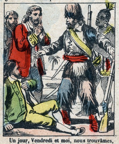 Illustrasjon For boken til Daniel Defoe (De foe) "" Robinson Crusoe"". Epinal avbildning fra slutten av 1800-tallet. av French School