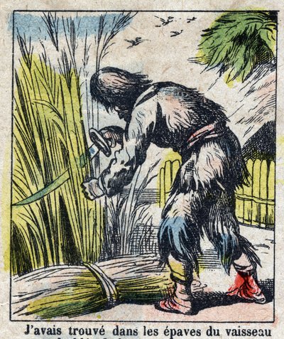 Illustrasjon For boken til Daniel Defoe (De foe) "" Robinson Crusoe"". Epinal avbildning fra slutten av 1800-tallet. av French School