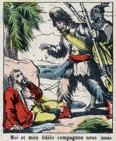 Illustration For the Book of Daniel Defoe (De foe) “” Robinson Crusoe””. Epinal imaging from the end of the 19th century. av French School