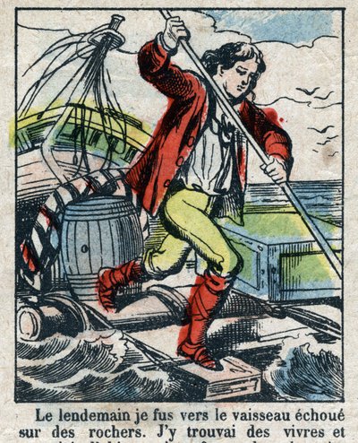 Illustration For the Book of Daniel Defoe (De foe) “” Robinson Crusoe””. Epinal imaging from the end of the 19th century. av French School