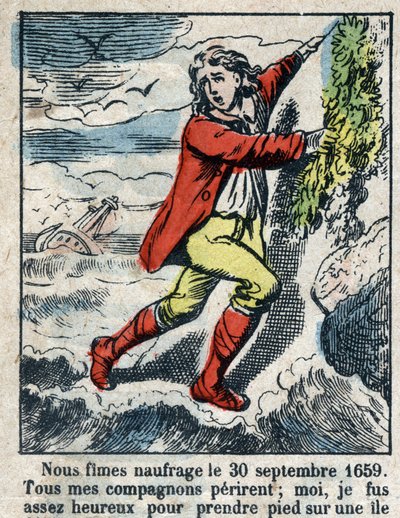 Illustration For the Book of Daniel Defoe (De foe) “” Robinson Crusoe””. Epinal imaging from the end of the 19th century. av French School
