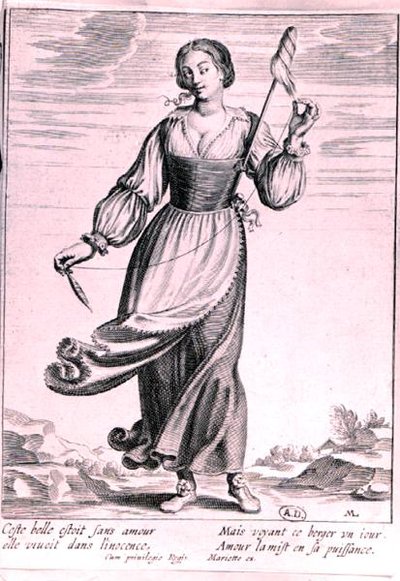 Illustrasjon som viser en gjeterinne (gravering) (s/hvitt foto) av French School