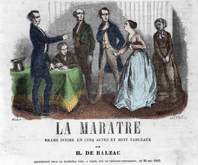 Illustrasjon for "" La Maratre"", et drama i fem akter og åtte malerier skrevet av Honore de Balzac. av French School