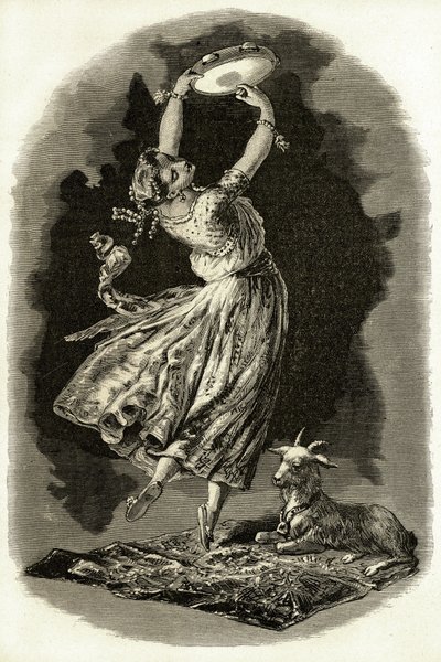 Illustrasjon for «Notre-Dame de Paris» av Victor Hugo: Esmeralda danser og spiller tamburin ved siden av geiten sin, fra 1900-tallet (litho) av French School