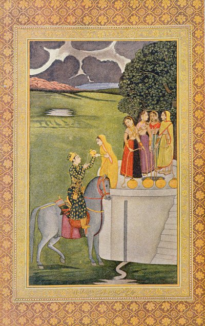 Illustrasjon for Prince Nourgilan og Face of Lily Adolescent, fra The Arabian Nights, 1895 (fargegravering) av French School