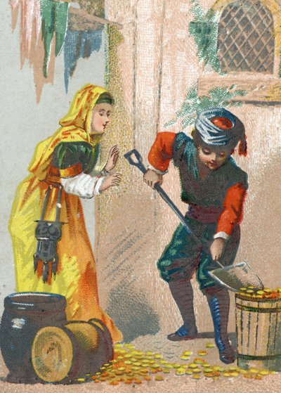 Illustration for the Tales of the Thousand and One Nights. Ali-Baba (Ali Baba) loads his golden donkeys and returns home, Chromolithography around 1890. av French School
