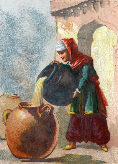Illustrasjon til fortellingene om de tusen og en natt. Morgiane, en slave av Ali Baba (Ali Baba), som innså at vasene inneholdt tyver, tok livet av dem ved å helle kokende olje i hvert kar. Kromolitografi rundt 1890. av French School