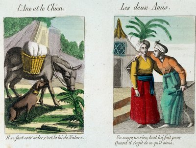Ilustrație pentru fabule de Jean de la Fontaine (1621-1695): stânga „” Măgarul și câinele””” în dreapta „” Les deux amis””” Gravura secolului al XIX-lea. Muzeul La Fontaine, Chateau Thierrynorwegian av French School