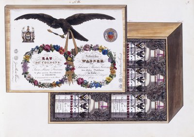 Illustrasjon for emballasjen til eau de Cologne, ca. 1825 (akvarell og kroppsfarge) av French School