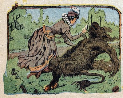 Illustrasjon for eventyret "Skjønnheten og beten"": den vakre gjenopplivet beten besvimte av smerte da hun nektet å foreslå ekteskap. Gravering av Quinn-bilder, rundt 1890. av French School