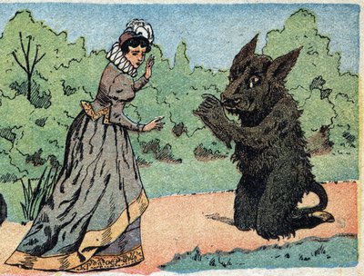 Illustrasjon for eventyret "Skjønnheten og beten"": beten spør den vakre som plutselig blir redd. Gravering av Quinn-bilder, rundt 1890. av French School