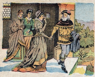 Illustrasjon for historien "La Belle et la Bete"": Kjøpmannen som dro på tur tok farvel med sine tre døtre og lovet dem en gave når han kom tilbake. Gravering av Quinn-bilder, rundt 1890. av French School