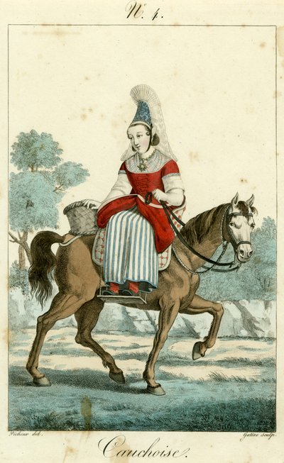 Illustrasjonsnr. 4, Cauchoise-kostyme (farget gravering) av French School