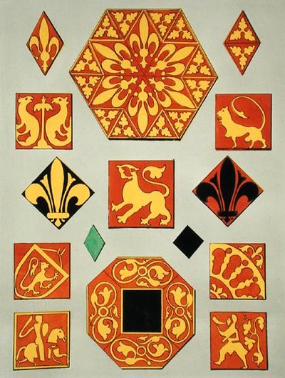 Illustrasjon av keramiske mønstre fra 1200-tallet fra en dekorasjonskildebok (fargelitho) av French School