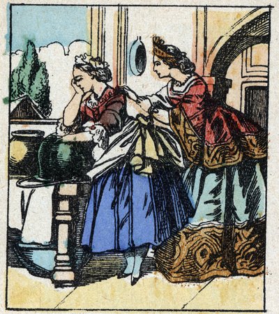 Illustrasjon av Charles Perraults fortelling "Askepott eller den lille glasstøffelen". Tregravering av Imaging Pellerin - Epinal, sd. Sent på 1800-tallet. av French School