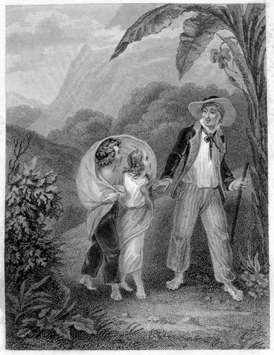Illustrasjon av "Paul og Virginia"". Roman av Henri Bernardin de Saint Pierre (Saint-Pierre eller St-Pierre), fransk forfatter (1737-1814). av French School