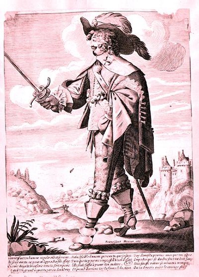 Illustrasjon av en soldat under Ludvig XIIIs regjeringstid (1601-43) (gravering) (s/hv foto) av French School