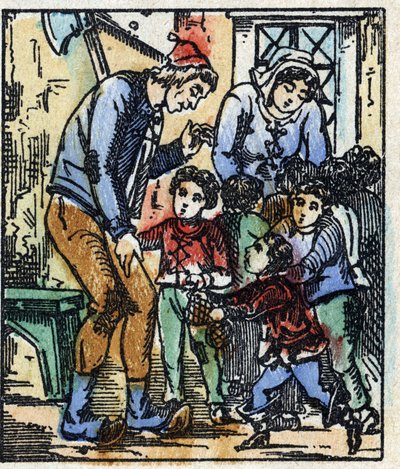 Illustrasjon av "" Le petit poucet ""-historien av Charles Perrault. Tregravering av Imaging Pellerin - Epinal, sd. Sent på 1800-tallet. av French School