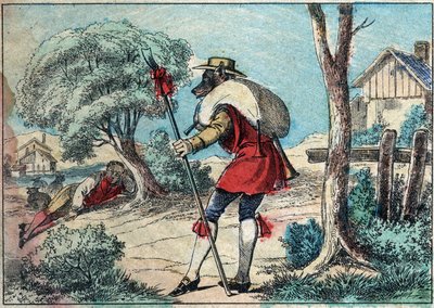 Illustration of the fable by Jean de la Fontaine (1621-1695): the wolf became a shepherd. Epinal imaging of the late 19th century. av French School