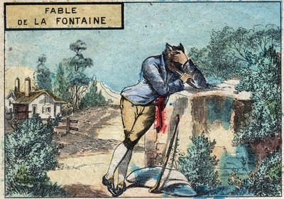 Illustrasjon av fabelen av Jean de la Fontaine (1621-1695): ulven ble en hyrde. Epinal avbildning fra slutten av 1800-tallet. av French School