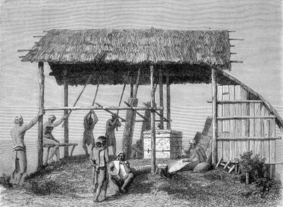 Illustrasjon publisert i 1862-utgaven av "Le Tour du monde" som viser en smed i dayaks på øya Borneo. Gravering. av French School