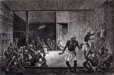 Illustrasjon publisert i 1862-utgaven av "Le Tour du monde" som viser en sesjon med eksorcisme praktisert av dayakene på øya Borneo. Gravering. av French School