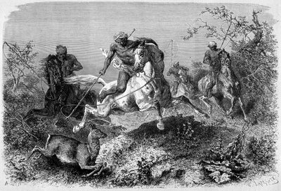 Illustrasjon publisert i utgaven av "" Le Tour du monde"" fra 1870 - 1871 som viser en dyakjakt på øya Borneo. Gravering. av French School