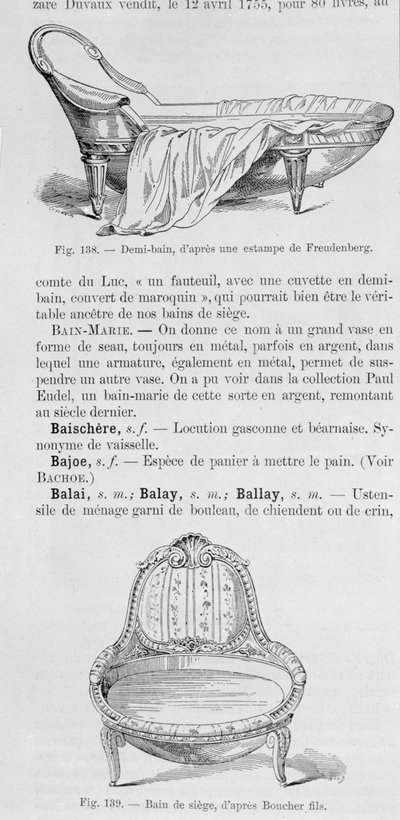 Illustrasjoner av en demi-bain og en bain de siege, 1700-tallet av French School