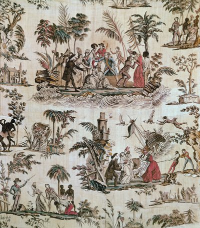 Illustrasjoner av hendelser fra romanen Paul et Virginie, Toile de Nantes, ca. 1800 (trykt bomull) av French School