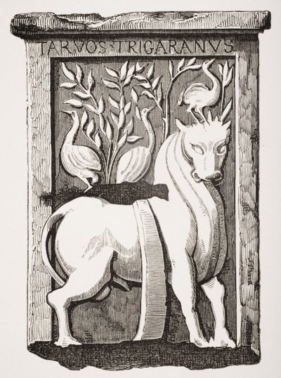 Bilde av Holy Ox Celtic-monumentet funnet under koret til Notre Dame-katedralen i Paris i 1711, fra Le Moyen Age et La Renaissance av Paul Lacroix (1806-84) publisert 1847 av French School