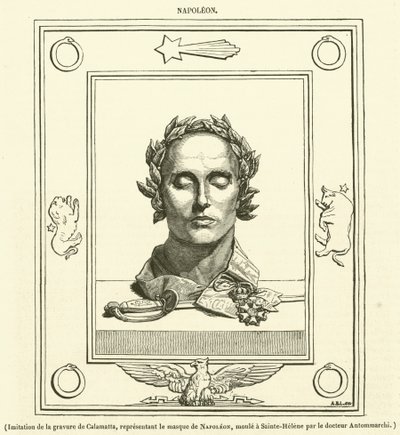 Imitasjon av graveringen av Calamatta, som representerer Napoleons maske, støpt i St. Helena av Dr. Antommarchi (gravering) av French School
