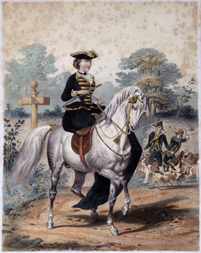 Imperatrice Eugenia i jaktantrekk. Anonym gravering, sd. v. 1860 av French School